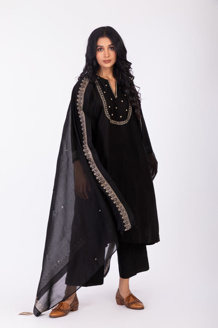 ROSETTE BLACK CHARCOAL INK GABA TUNIC SET