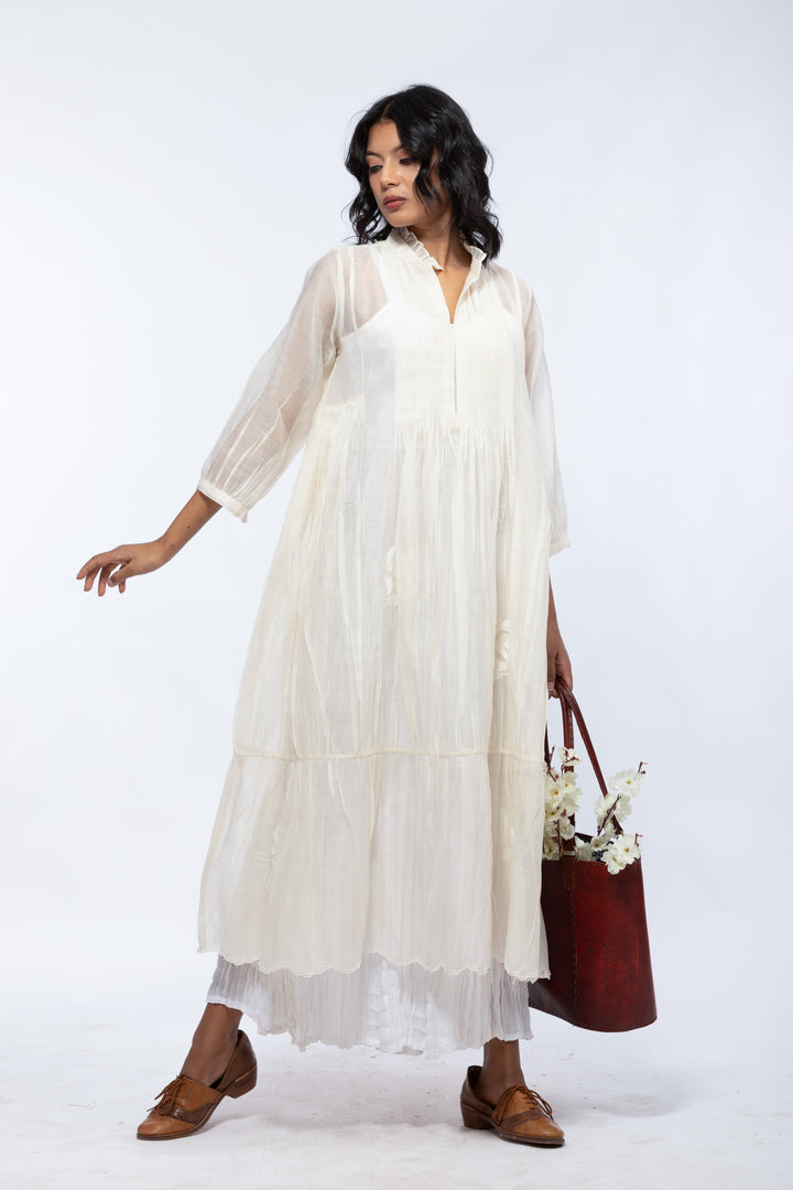 ROSE ECRU SHELLY SILK OVERLAY DRESS