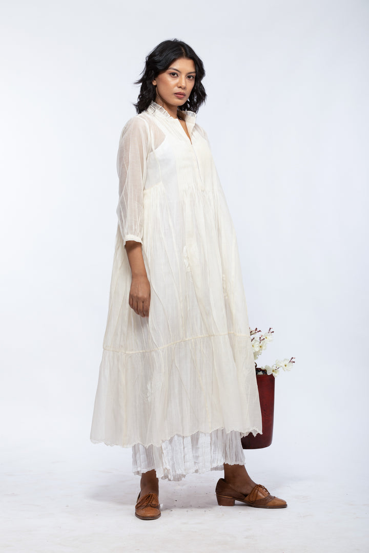 ROSE ECRU SHELLY SILK OVERLAY DRESS