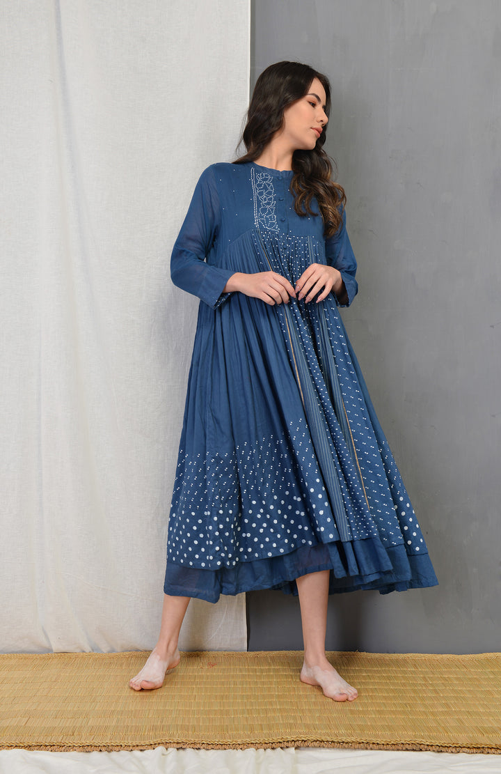 CLAIRE INDIGO PLEATED SUMMER DRESS