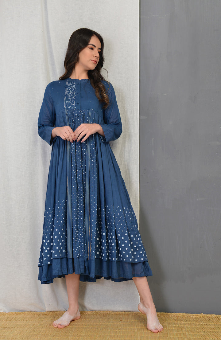 CLAIRE INDIGO PLEATED SUMMER DRESS