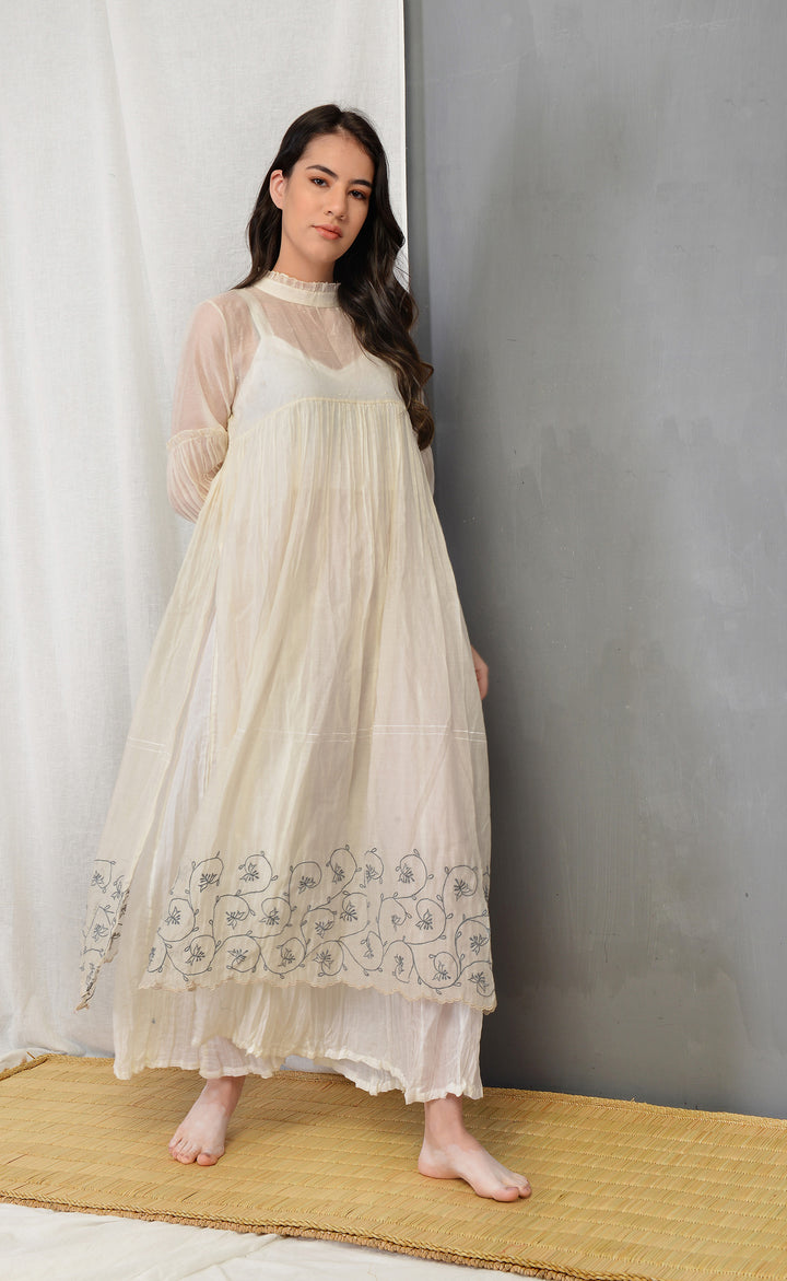 ROSALINE ECRU SILK OVERLAY DRESS