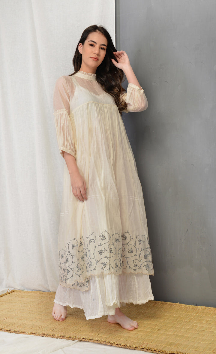 ROSALINE ECRU SILK OVERLAY DRESS